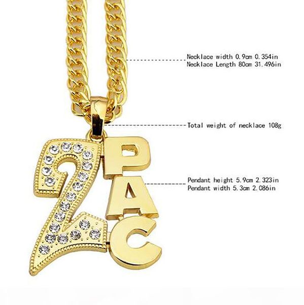 

iced out 2pac pendant necklace 18k gold plated rhinestones crystal 24inch cuban chain necklace mens hiphop rapper singer accessories, Silver