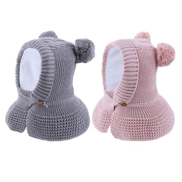 

kids autumn winter thick warm hats knitted plush pompom children shawl cap, Yellow