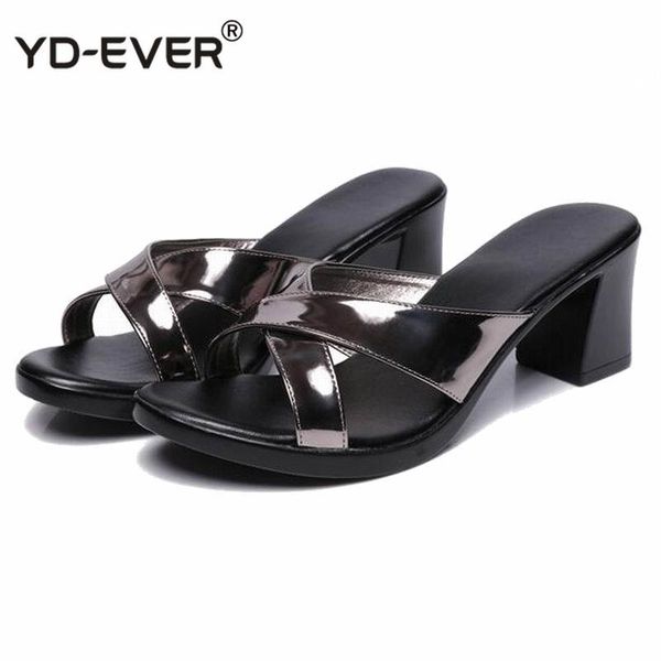 

2020 summer slippers outside leather women's mules med heels shoes woman slides solid concise female footwear, Black