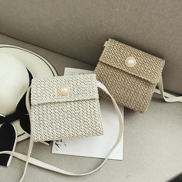 

new summer women shoulder bag hand made exquisiteness pearl straw bags woven flap sweet pastoral rattan girls bag beige #25