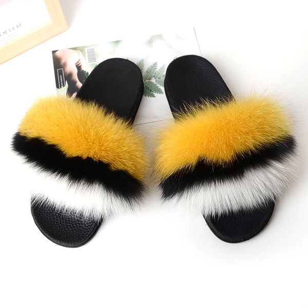 

wholesale new design custom fox fur indoor yellow fur slippers sidles, Black