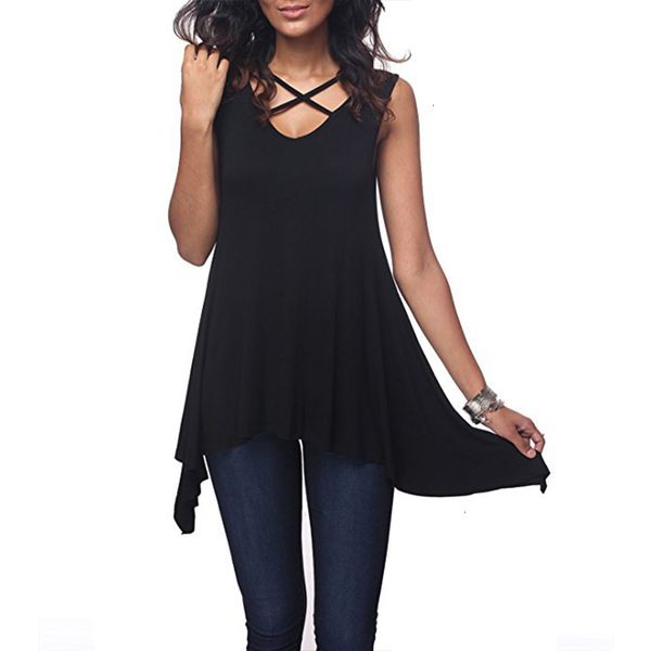 

women 2019 casual summer solid sleeveless tank cross v neck hollow out tee tunic loose t shirt 3xl, White