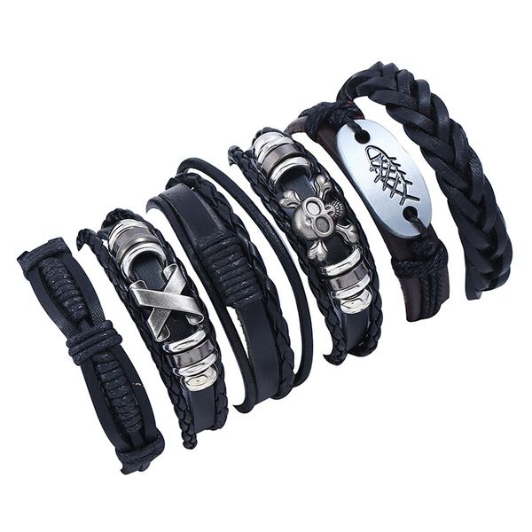 

leather bracelet black brown braided wide wristband women men punk jewelry skull, Golden;silver