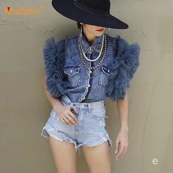 

2019 summer new personality mesh yarn lotus sleeve denim shirt women's casual short-sleeved shirt party, White