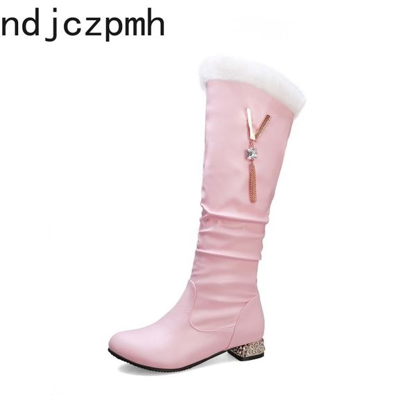 

women's boots new winter fashion round head zipper crystal low-heeled high tube women's shoes plus size 31-43 heel height 3cm, Black