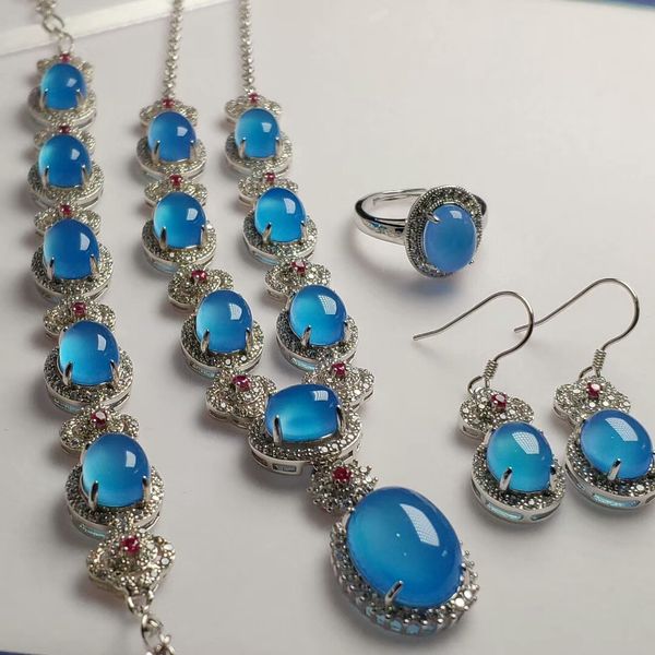 

fine jewelry 925 silver inlaid with natural green jade set oval jade pendant necklace ring and earing sterling silver set blue, Black