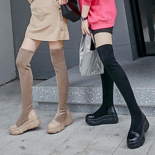 

women shoes woman boots over the knee boots fashion stretch casual 2019 winter thick bottom elastic x17, Black