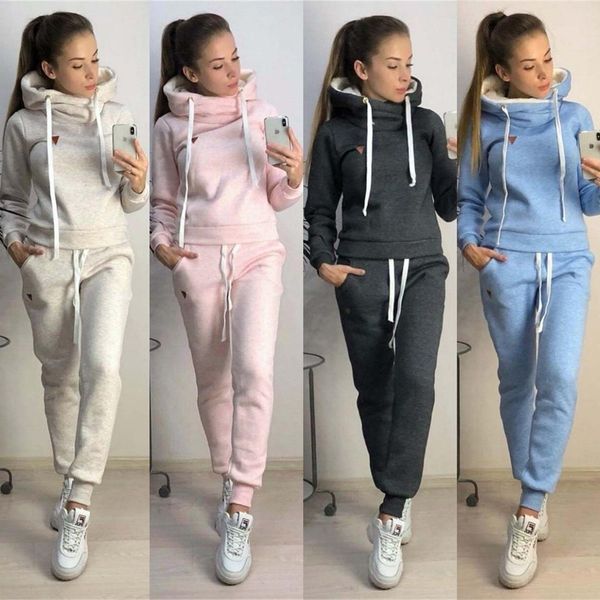 

women winter autumn sports suits fleece hoodies pants 2pcs clothing sets slim fit casual wear, Gray