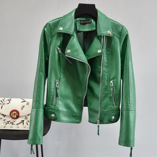 

ewq] 2020 spring new trend design rivet waist short leather coat korea style pu motorcycle zippers leather jacket 5 color qz972, Black