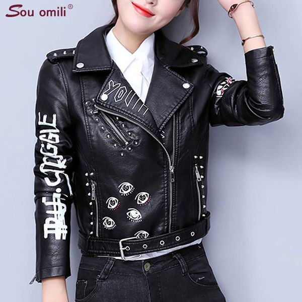 

printed letters rivet leather jacket women punk moto coat black faux jacket jaquetas couro casaco chaquetas belt 2019