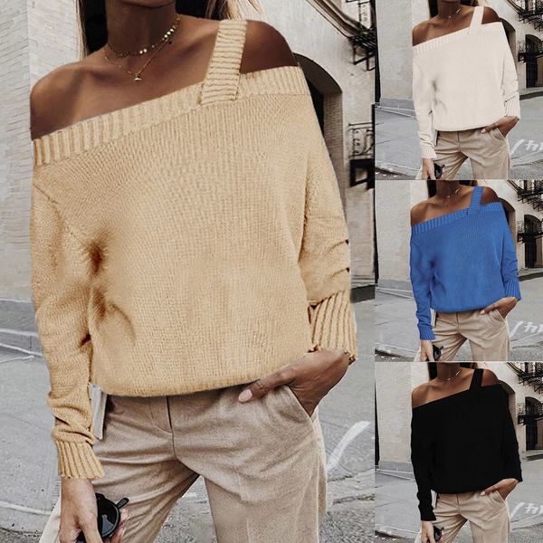 

winter autumn solid sling off shoulder long sleeve knitted sweater off shoulder pullovers sweater jumper black white blue beige*, White;black