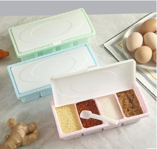 

4 grids storage-boxes salt-bottle seasoning jar kitchen-organizer sugar spices kitchen picnic-tools portable spice-jars