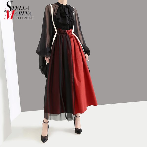 

new 2019 korean style women red color long a-line skirt mesh patchwork empire elastic waist ankle length lady casual skirt 5390, Black;gray