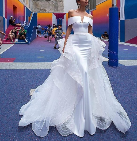 

2019 vintage berta mermaid wedding dresses detachable train off the shoulder short sleeve pleats open back beach bridal gowns custom, White