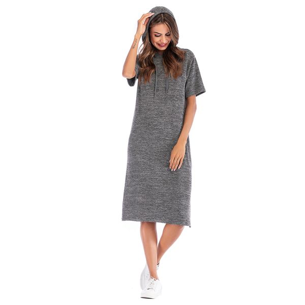 

2019 dhl women's summer short sleeve ruffle loose swing casual casual plain simple t-shirt loose dress tank dress, Black;gray