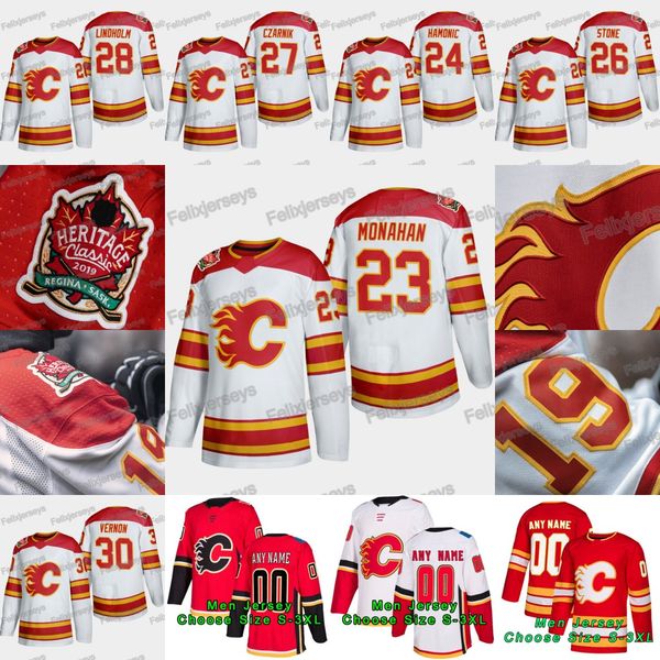 

23 sean monahan 2019 heritage classic calgary flames 28 elias lindholm 30 mike vernon austin czarnik michael stone travis hamonic jersey, Black;red