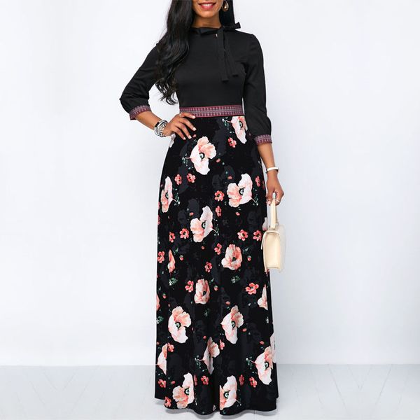 

ladies floral dresses vintage flower print dress patchwork high waist boho long maxi dress autumn winter ladies dresses, Black;gray