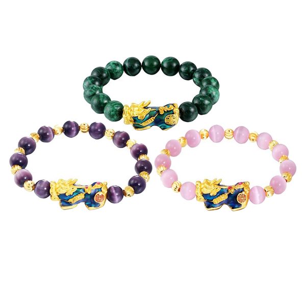 

3pack feng shui obsidian bead pixiu pi yao bracelet attract wealth jewelry, Golden;silver