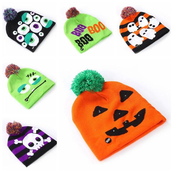 Simpatici cappelli lavorati a maglia di Halloween per bambini Berretti caldi invernali per bambini Berretti all'uncinetto Cappellino da sci con pompon morbido Cappelli da festa
