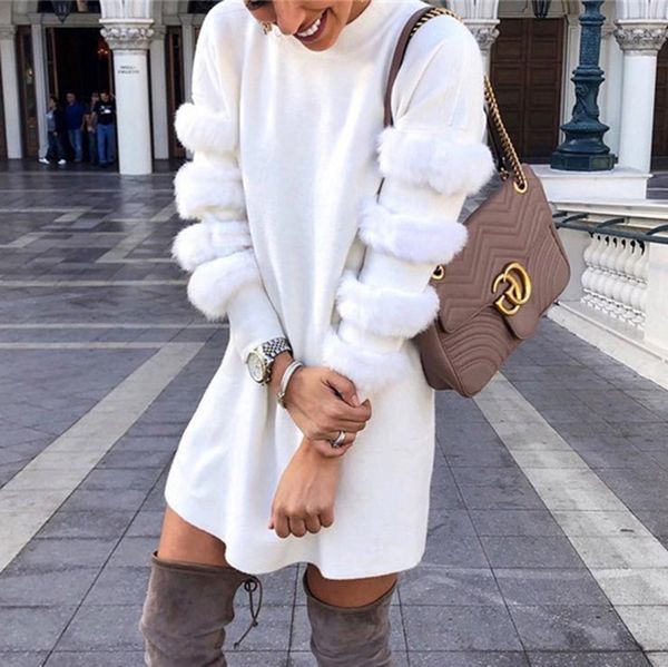 

искусственный мех пэчворк белый женщины платье свободного покроя женщины платье o-образным вырезом оберните свободные мини-линии толстовка п, Black;gray