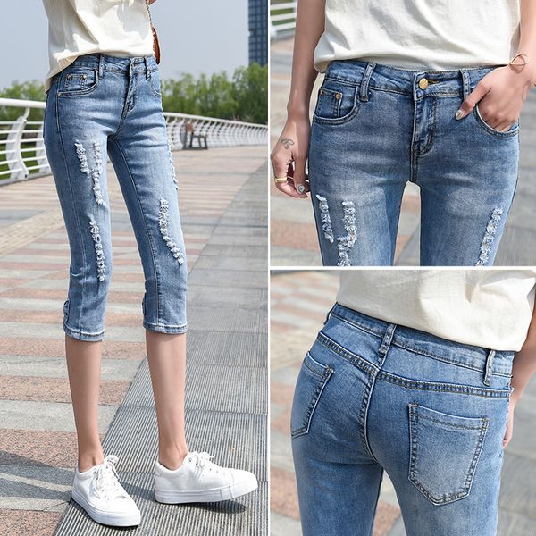 

fashion summer women mid waist skinny jeans knee length ripped denim capri slim streetwear stretch casual pants, Blue