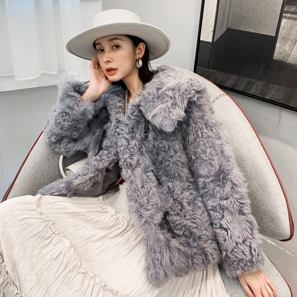 

navy collar lamb fur fur-in-one fur coat female short style winter 2019 new genuine korean edition overcoat, Black