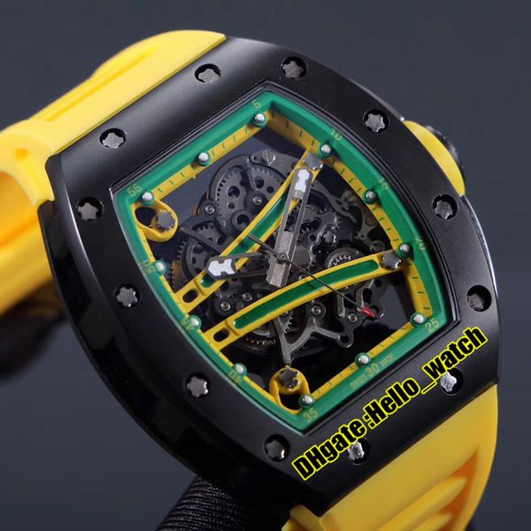 

new rm61-01 skeleton dial miyota automatic mens watch 61-01 pvd black steel caes green inner yellow rubber strap sport watches, Slivery;brown
