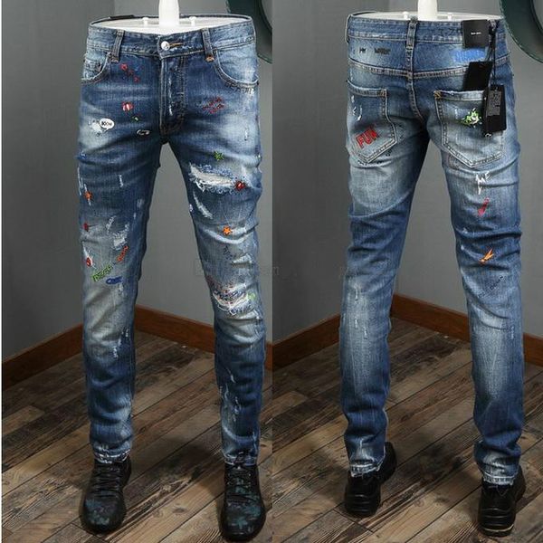 

mens twist fit paint splatter graffiti distressed jeans printed applique slim fit cowboy pants cool buy, Blue