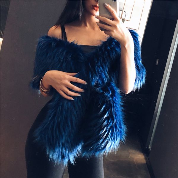 

vintage fluffy faux fur coat women short furry outerwear autumn winter casual fashion cross luxury shawl scarf party outcoat, Black