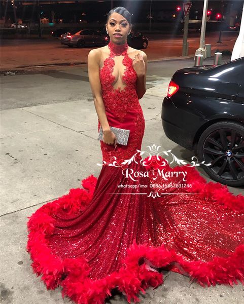 

Sexy Red Feather Mermaid Prom Dresses 2K19 Halter Plus Size Vintage Lace Sequined Lace 2019 African Arabic Formal Graduation Party Gowns