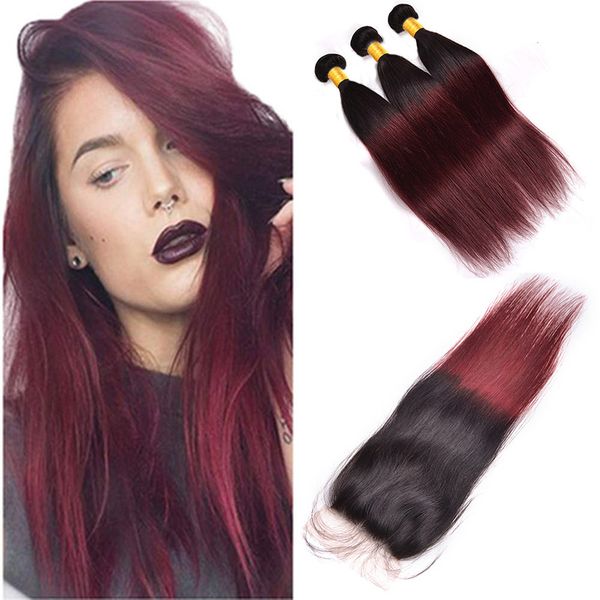 

бразильский девы волос 3 связки с 4x4 lace closure 1b / 99j straight 1b burgundy straight человеческих волос с закрытием 12-24, Black;brown