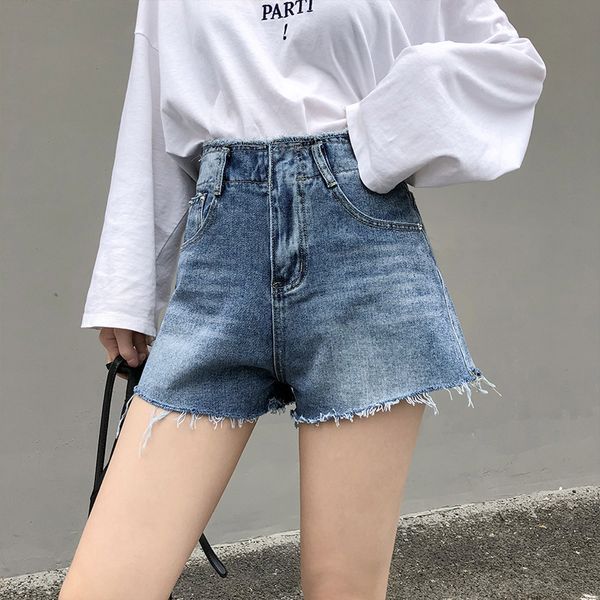 

summer women denim shorts vintage high waisted loose pockets jeans shorts 2019 casual loose wide leg frayed pants plus size, Blue