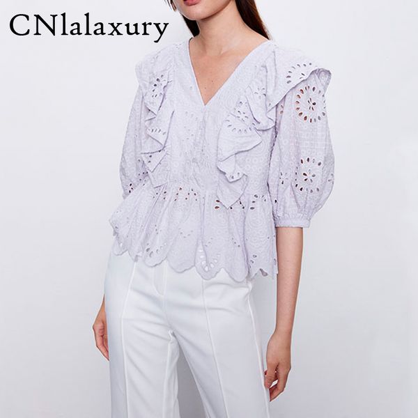 

women vintage ruffle lavender embroidery hole summer shirts half sleeve v-neck elegant ladies blouse blusas mujer de moda 2020, White