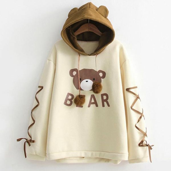 

women wear a bear cap hoodie long sleeve hooded pullover a ribbon hair ball cute sweatshirt sudaderas para mujer #t2g, Black