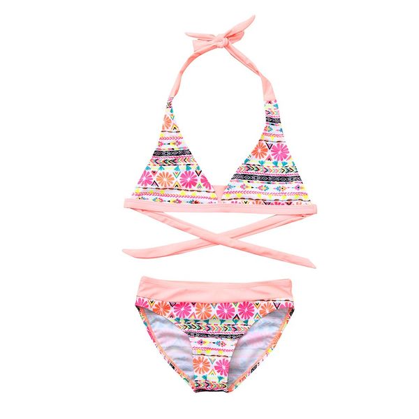 

children girls bikini beach flower print swimsuit+shorts swimwear set outfit, White