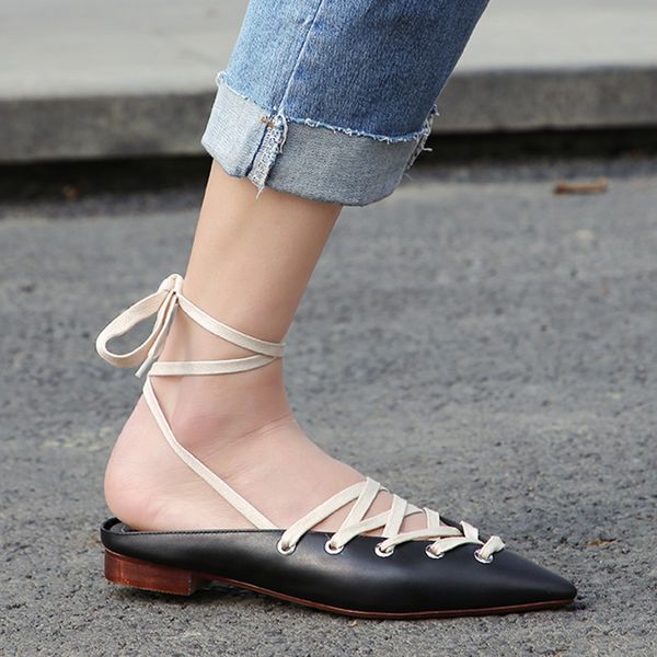 

wetkiss factory direct supply drop shipping pointed toe lace up ballet flats shoes fashion ladies leather flats women flat shoes, Black