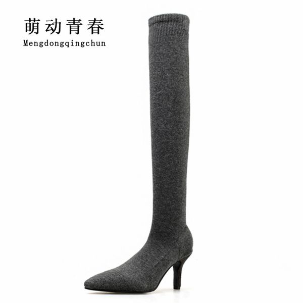 

new women high heels boot knitting pointed toe 6cm heel sock boats autumn winter over the knee slim thigh boots mujer, Black
