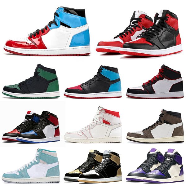 

jumpman 1s unc trainer basketball shoes chicago patent bloodline purple red 1 athletics men women sports sneakers size 36-46