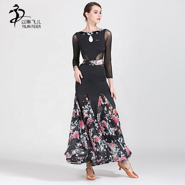 

international standard ballroom dance dress long-sleeve adults modern dance long dress, Black;red