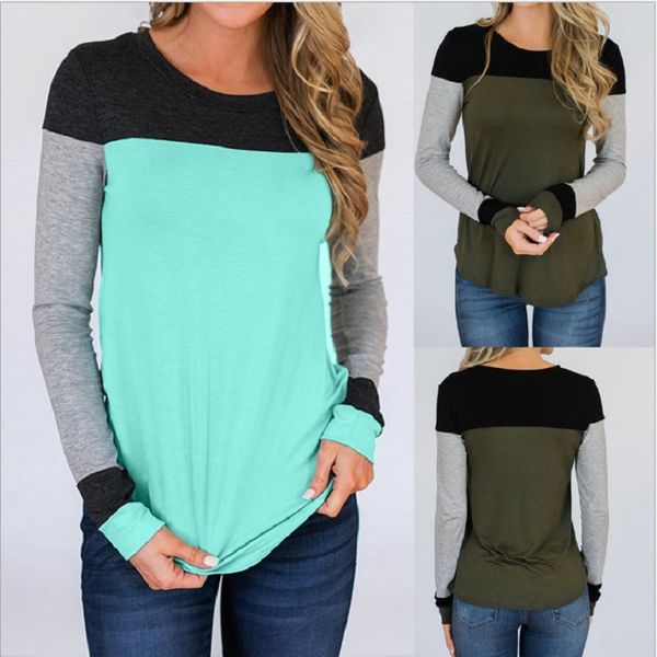 

2019 women's color matching contrast color long sleeve t-shirt round collar slim t-shirt, White