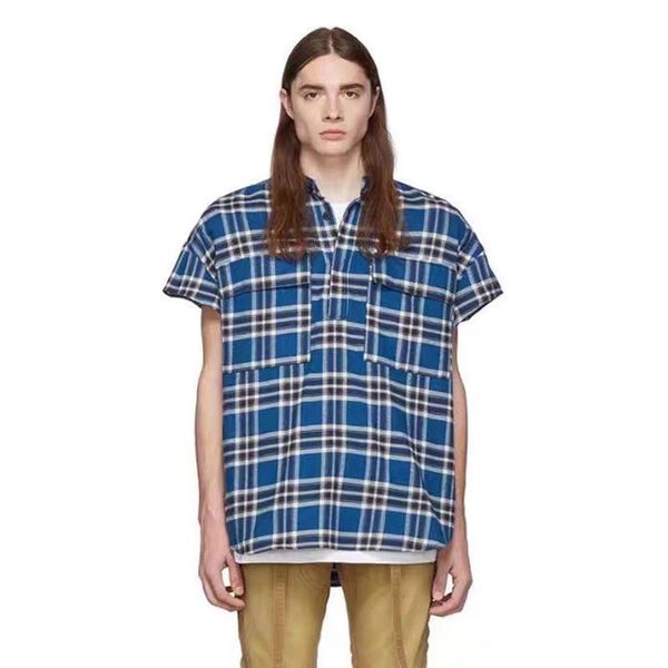 

20ss fg flannel plaid shirt back small stitching summer short sleeve single breasted tee casual street loose outwear jacket hfhlcs025, White;black