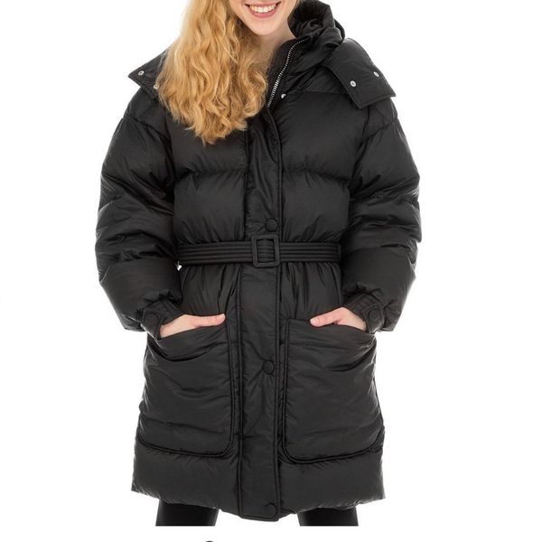 

12.23 2020 new women fashion design genuine leather sashes collect waist double hooded white down long down coat coat, Black