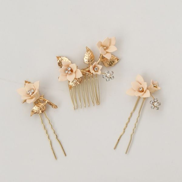 

porcelain flower bridal small hair comb pins leaf headpiece women hair jewelry handmade wedding prom accessories, Golden;white