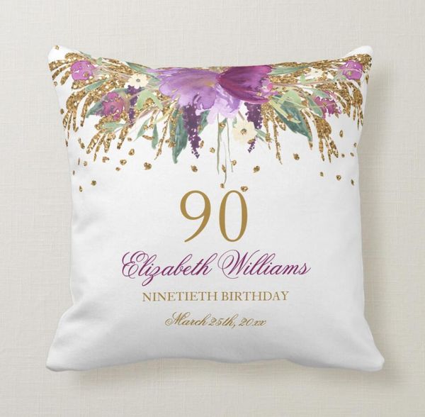 Pillow Case Floral Glitter Sparkling Amethyst 90th Birthday Throw
