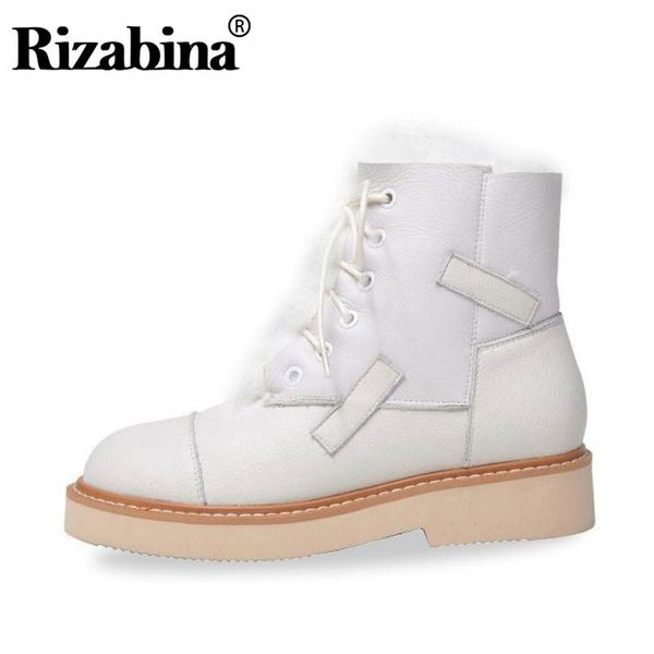 

rizabina ankle boots for women genuine leather snow boots winter plush fur lace up round toe keep warm footwear size 33-40, Black