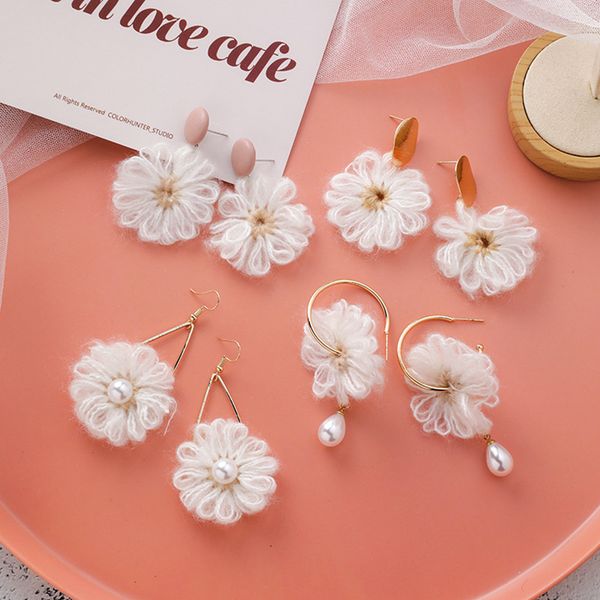 

fashion korean handmade sweet wool white flower earrings girl circular button simulation pearl jewelry boucle d'oreille femme, Silver