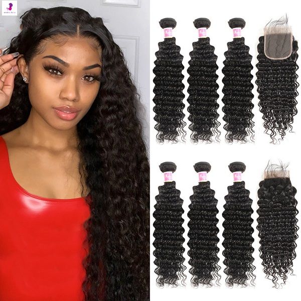 

brazilian deep wave bundles with closure non-remy human hair 3 and 4 bundles with lace closure queen mary human hair extensione, Black;brown