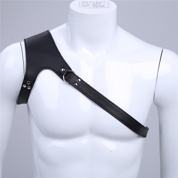 

msemis men bondage lingerie faux leather harness men adjustable one-shoulder body chest harness gay bondage belt with buckle, Black;brown