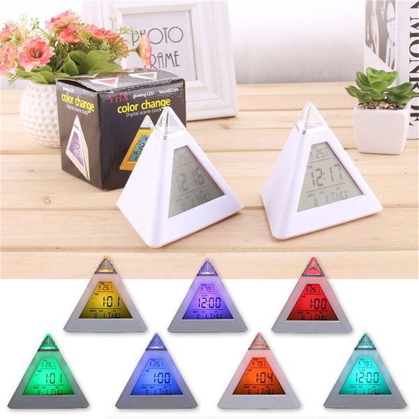 

digital alarm clock with colorful backlight temperature display clock perpetual calendar colorful cone pyramid style home decor