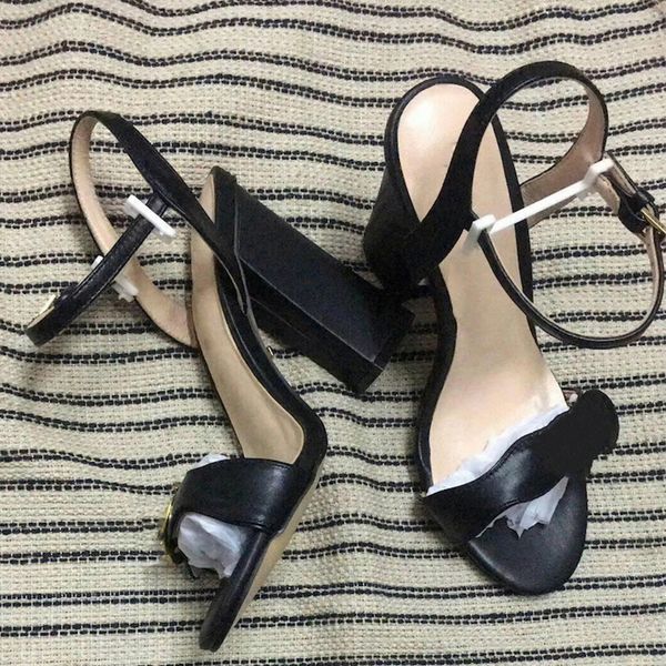 

women designer sandal luxury high heels leather dress wedding shoes shoes double letters heel sandals ladies shoes mid-heel sandal cu04, Black